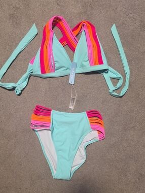 POPVIL  Aqua Bikini Set with Pink & Orange Strap Accents. Brand New With TAGS